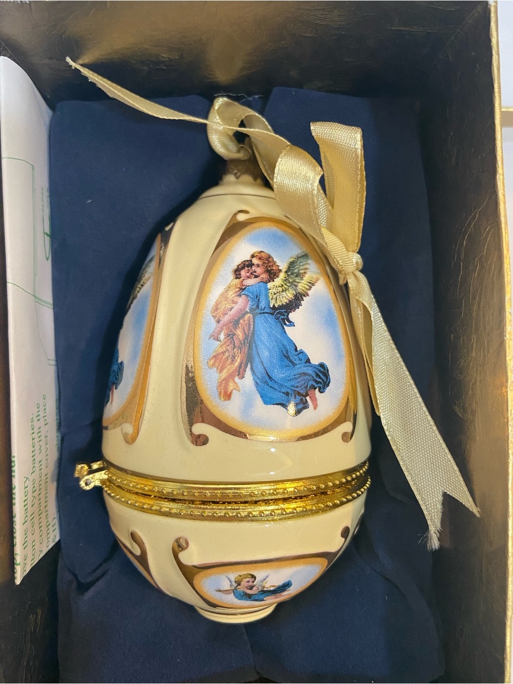 Cream and Gold Angel Egg Ornament with Ribbon Hanger